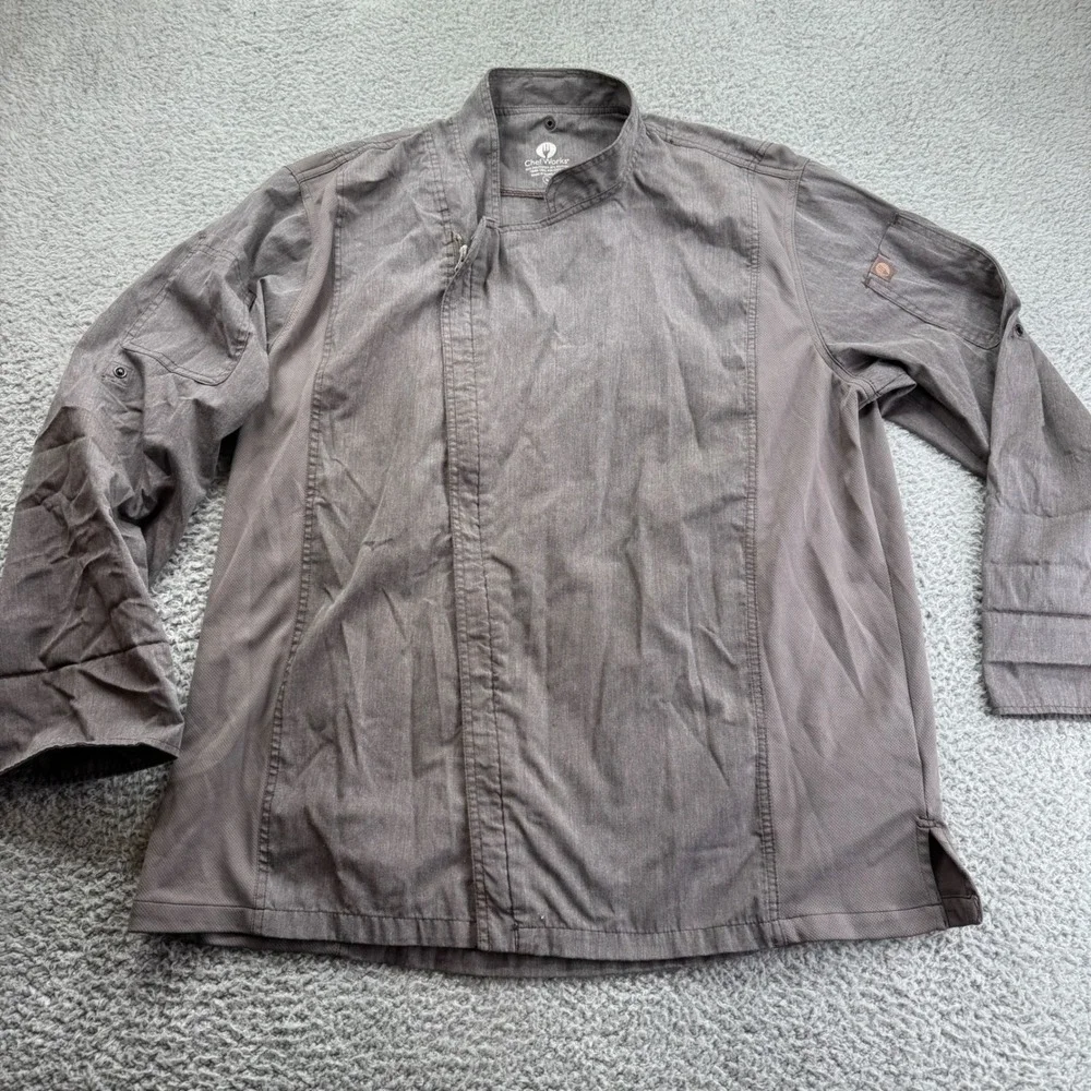 Chef Works Mens XL Chef Coat Jacket Gray‎ Long Sleeve Zip Up Work Uniform